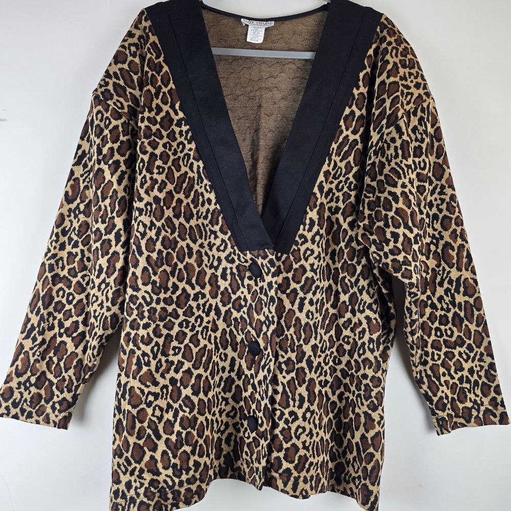 Vtg Kelly Stevens Sweater Front Buttons V-neck ‎ Leopard Print.E75